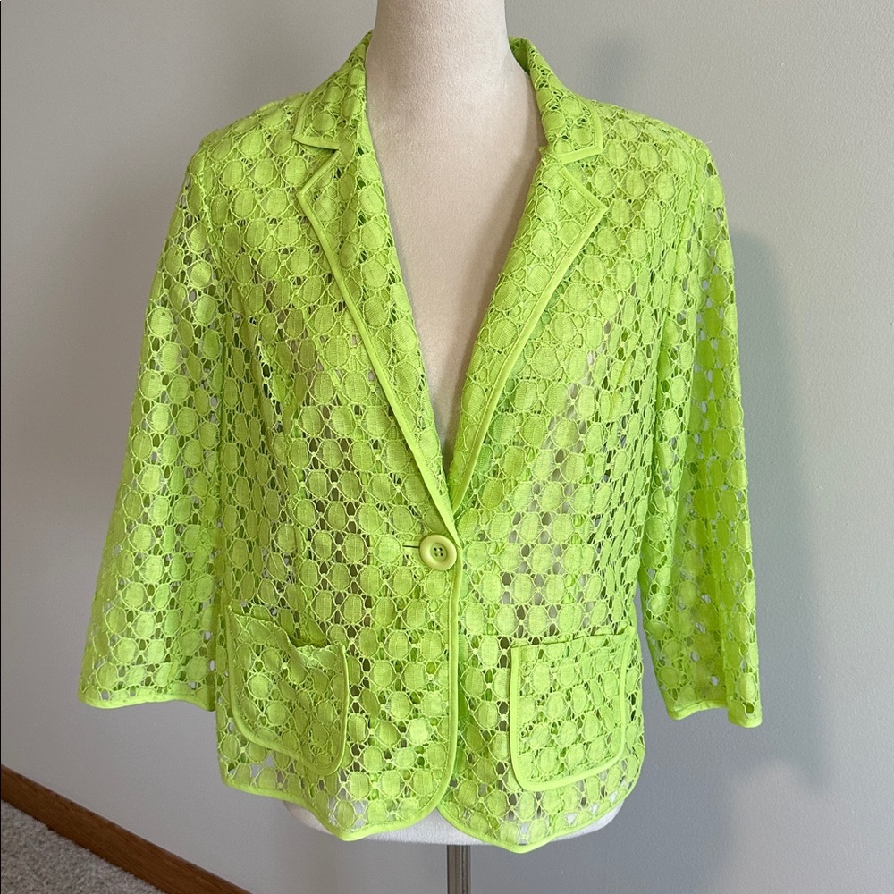Chicos open woven lace like jacket blazer lime green size front pockets